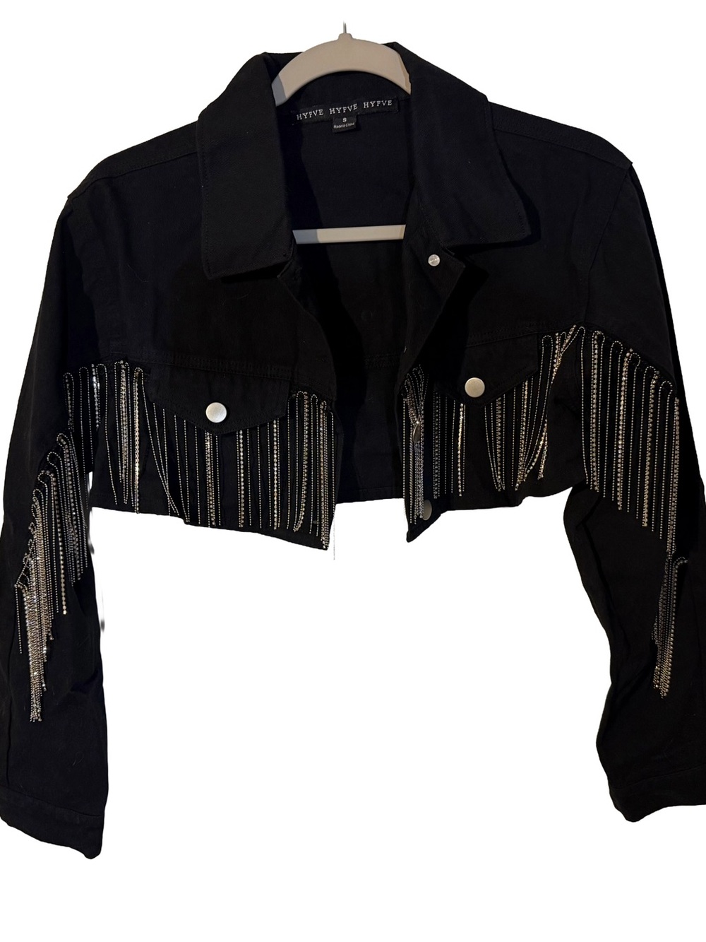 Hyfve Cropped Black Fringe Jacket with Silver Chain Detail Versona